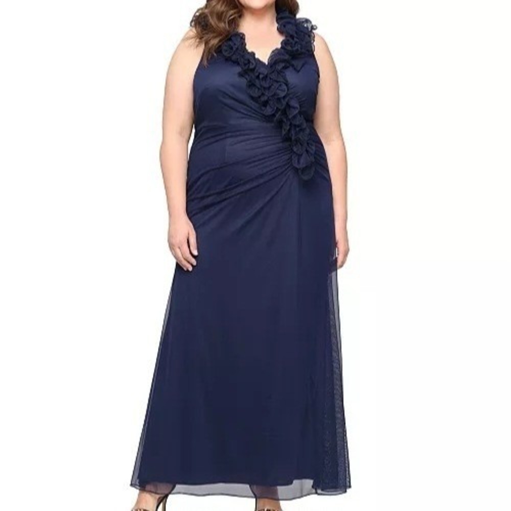 Alex Evenings Ruffled V Neck Sleeveless Mesh Navy Gown Dress Womens Size 16W NWT
